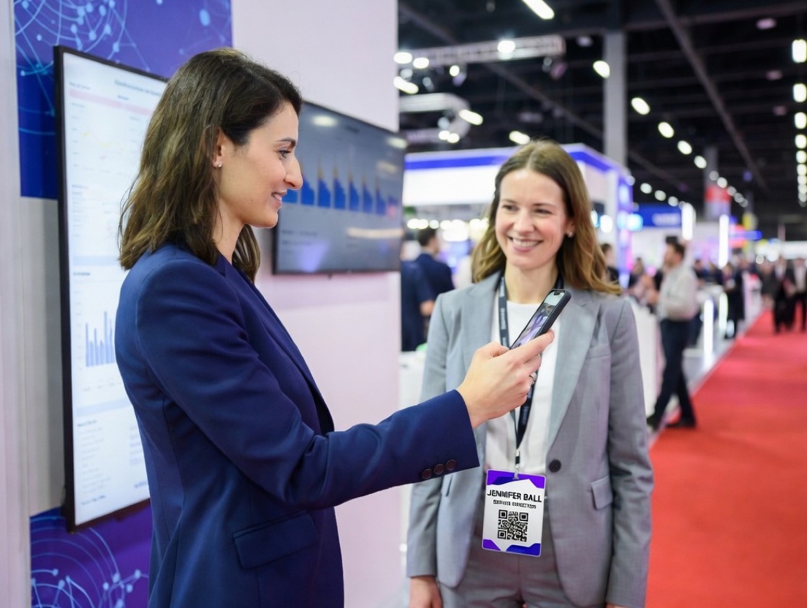 A booth staffer in a navy blazer scans an attendee's QR badge with a smartphone, mid-conversation at the booth