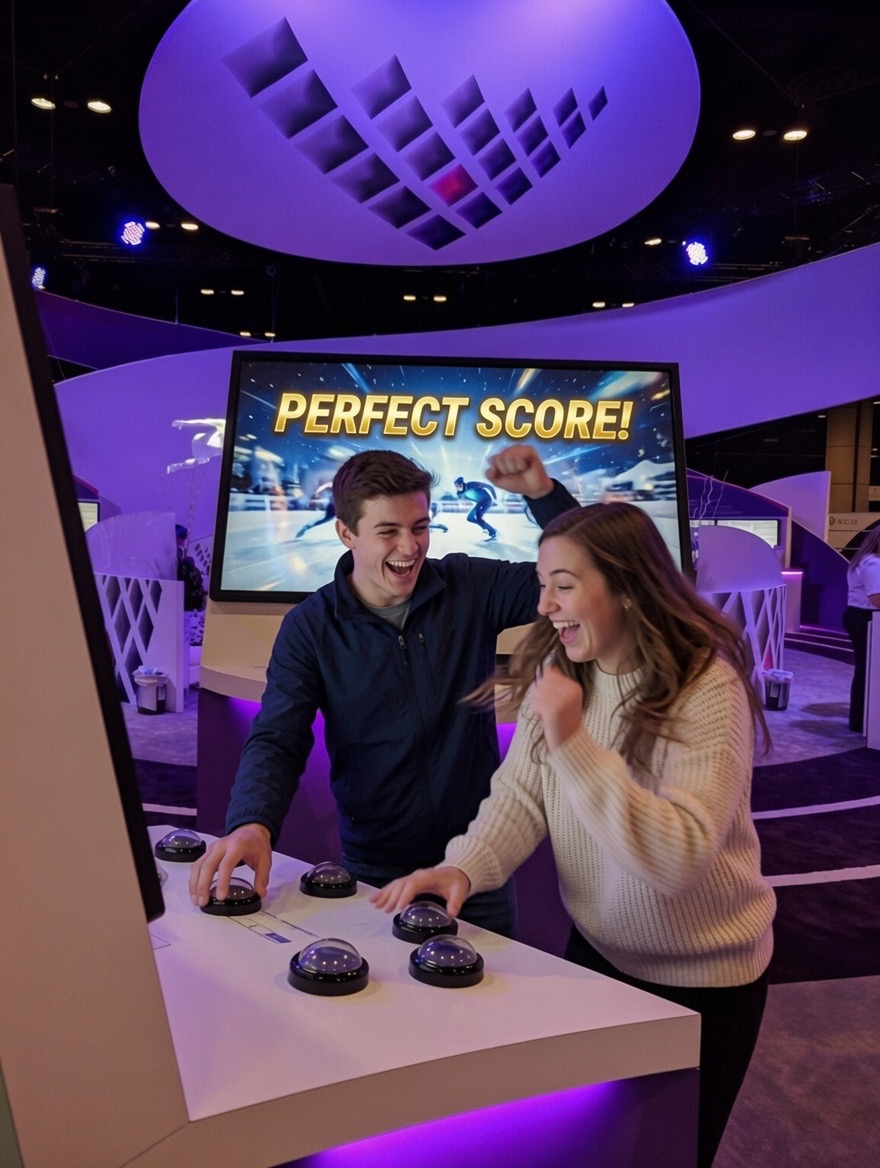 An attendee slams a glowing buzzer at an arcade-style booth game