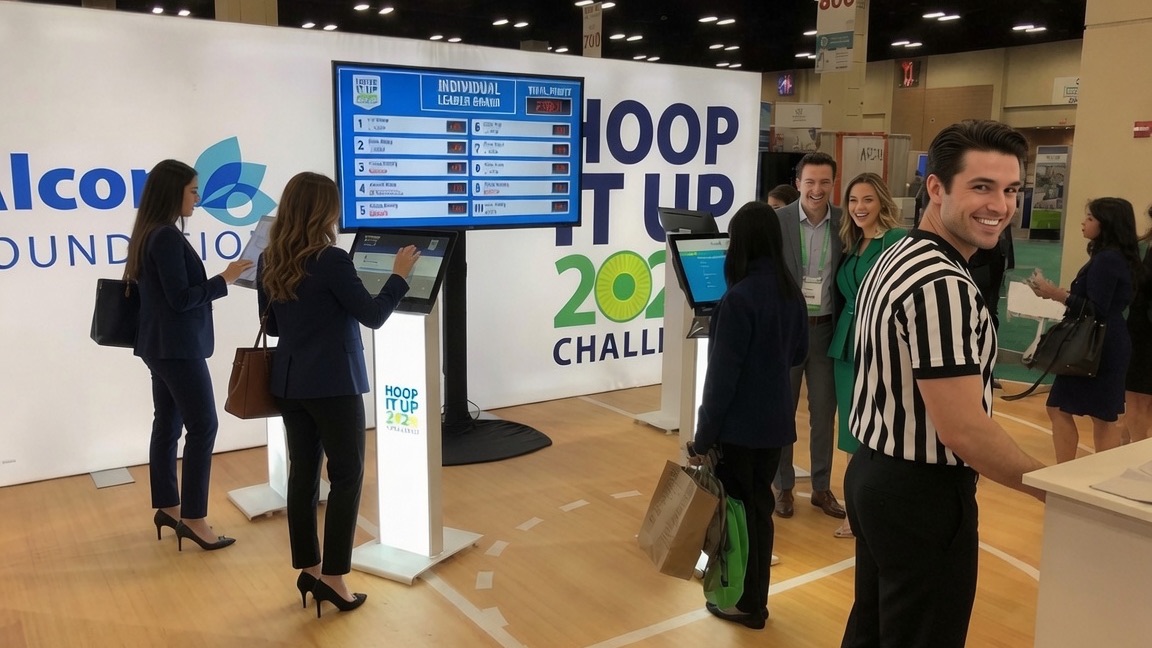 A group of attendees, one in referee stripes, smiles beside a basketball-challenge kiosk and live leaderboard screen