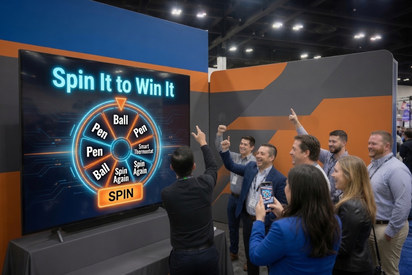 A recreation of the Spin-to-Win moment: a crowd cheers as a giant on-screen prize wheel lands on a result