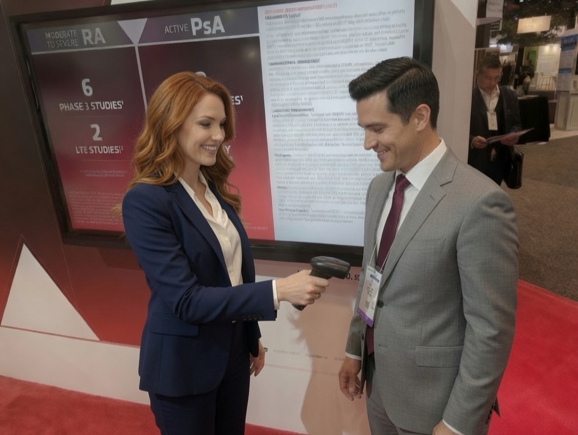 A staff member scans an attendee&rsquo;s badge in front of a pharmaceutical information wall at a medical congress
