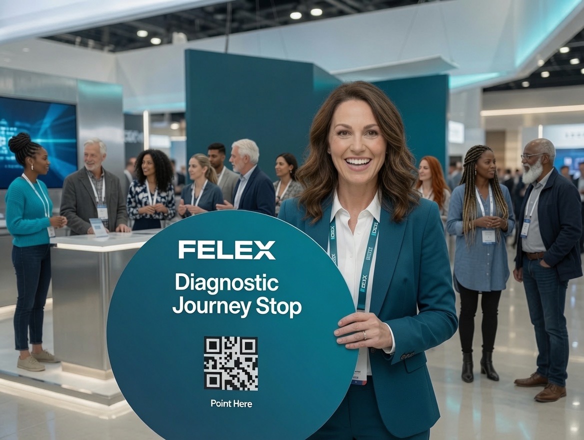 A smiling team member welcomes attendees with a round interactive game sign