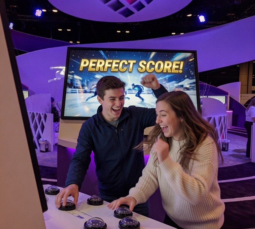 Two attendees laughing mid-game at a button-press interactive
