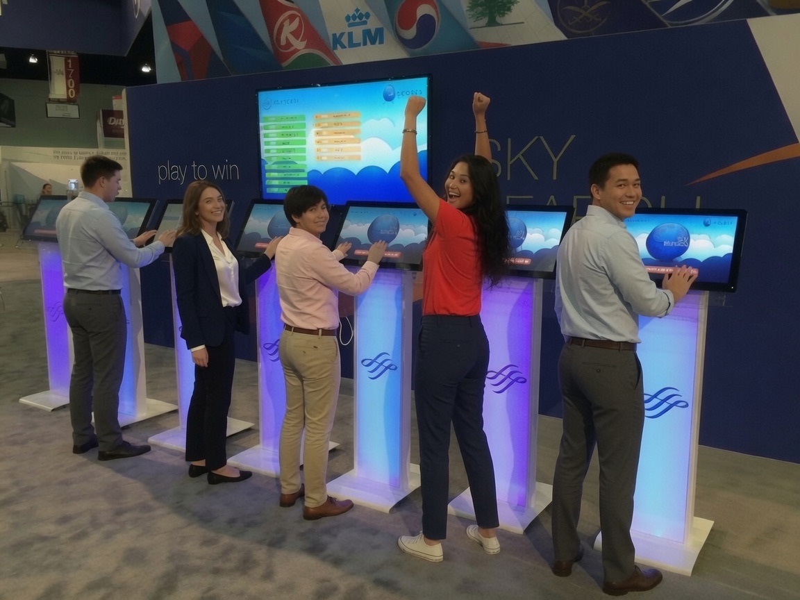 A row of branded interactive kiosks standing ready before the hall opens