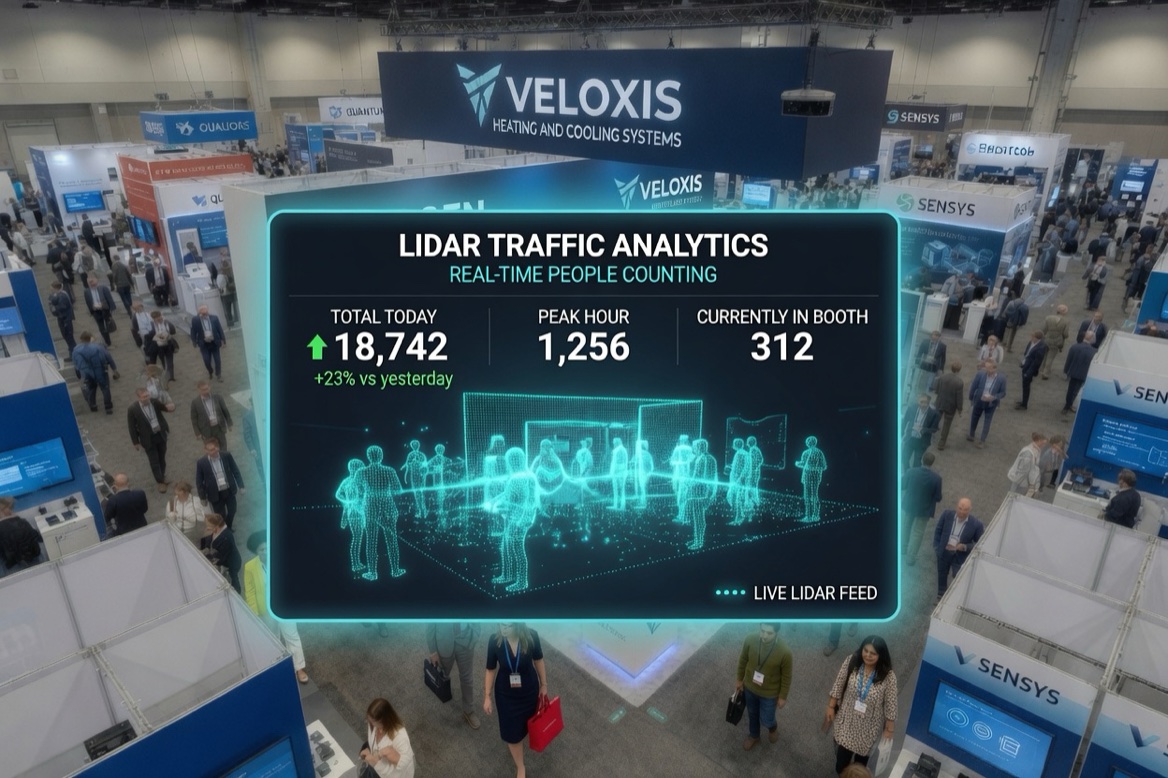 Stylized aerial of a trade show booth with a real-time traffic analytics dashboard counting visitors